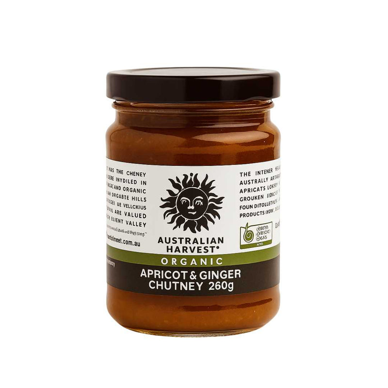Jar of Australian Harvest Organic Apricot & Ginger Chutney on a white background