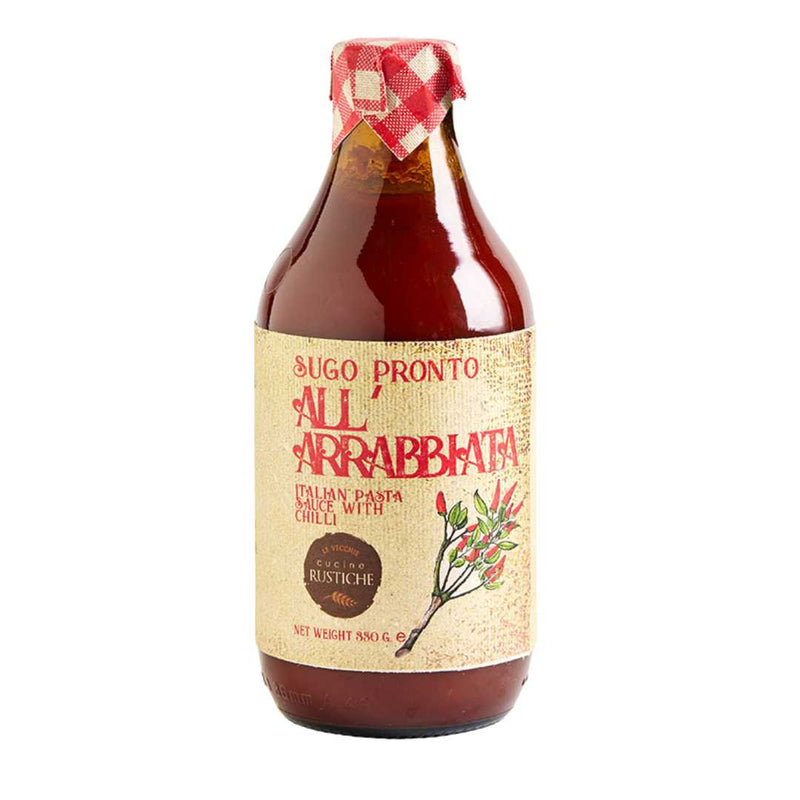 Bottle of Sugo Pronto All'Arrabbiata sauce with a checkered napkin on a white background