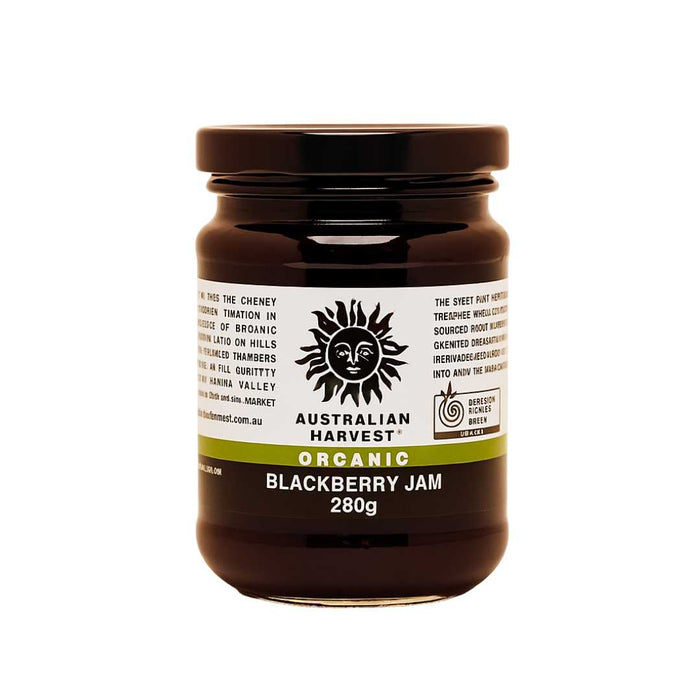 Jar of Australian Harvest Organic Blackberry Jam on a white background