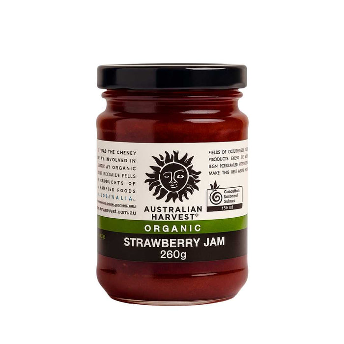 Jar of Australian Harvest Organic Strawberry Jam on a white background