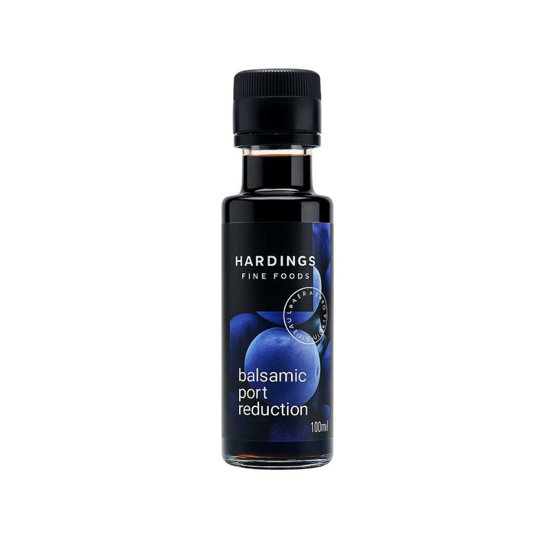 Bottle of Hardings Fine Foods balsamic port reduction on a white background