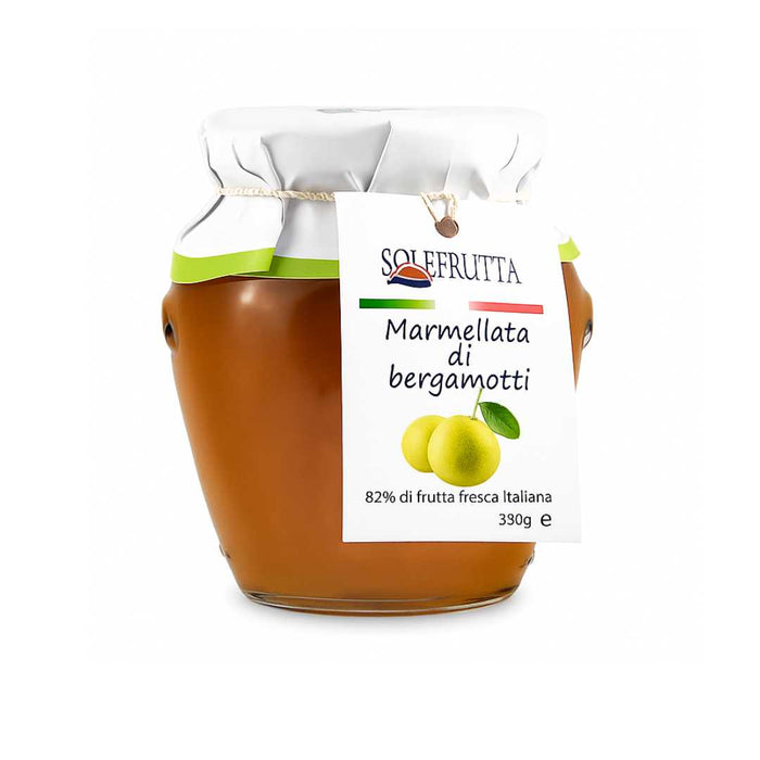 Jar of Solefrutta marmellata with a white label on a white background