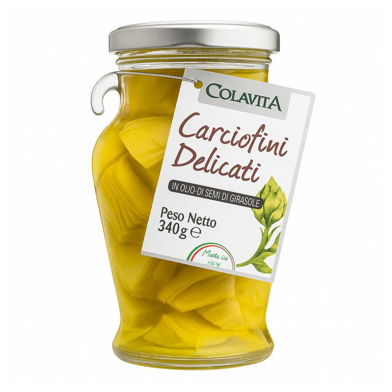 Jar of Colavita Carciofini Delicati with a white label on a white background