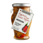 Jar of Colavita eggplants and sweet peppers in sunflower oil with a label on a white background