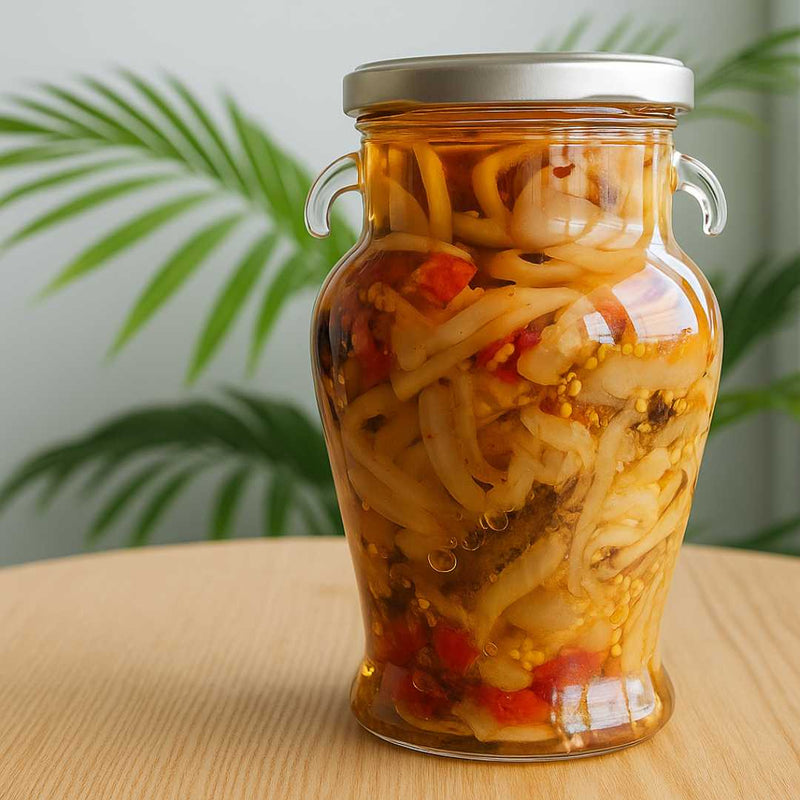 Glass jar filled with pickled vegetables on a wooden surface with a plant in the background