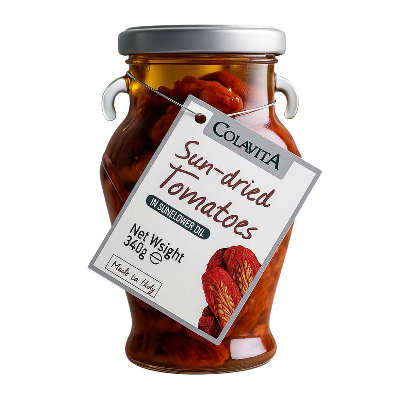 Jar of Colavita sun-dried tomatoes with a label on a white background