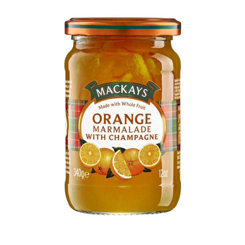 A jar of Mackays Orange Marmalade with Champagne, featuring a white and green label with illustrations of oranges and lemons, set against a plain white background.