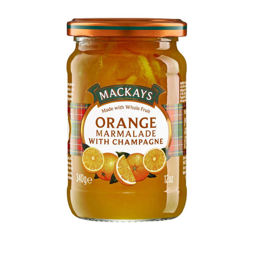 A jar of Mackays Orange Marmalade with Champagne, featuring a white and green label with illustrations of oranges and lemons, set against a plain white background.