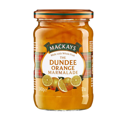 A jar of Mackays The Dundee Orange Marmalade on a plain white background. The glass jar shows the golden-orange marmalade inside, with a label featuring oranges and lemons, and a green Mackays logo banner.