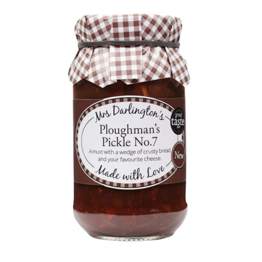 Jar of Mrs Darlington's Ploughman's Pickle No.7 with a checkered lid on a white background