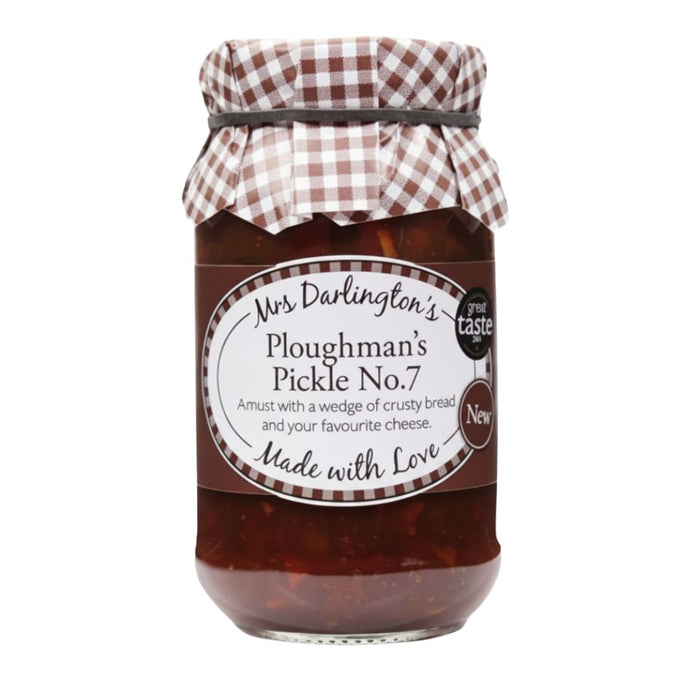 Jar of Mrs Darlington's Ploughman's Pickle No.7 with a checkered lid on a white background
