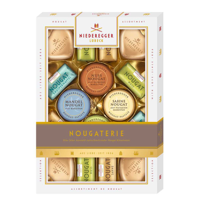 Niederegger nougat assortment in a decorative box on a white background