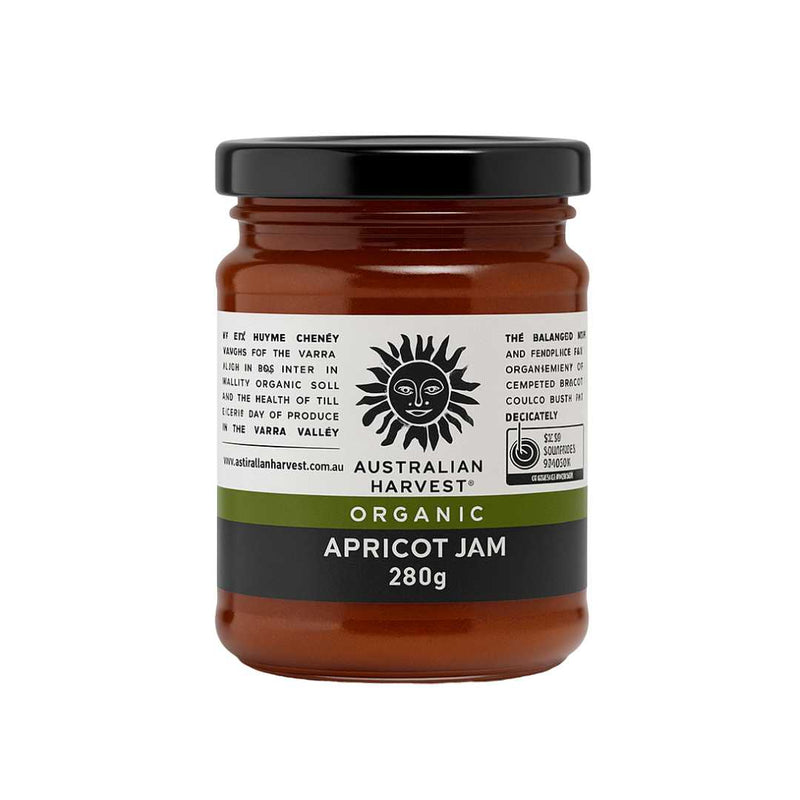 Jar of Australian Harvest Organic Apricot Jam on a white background