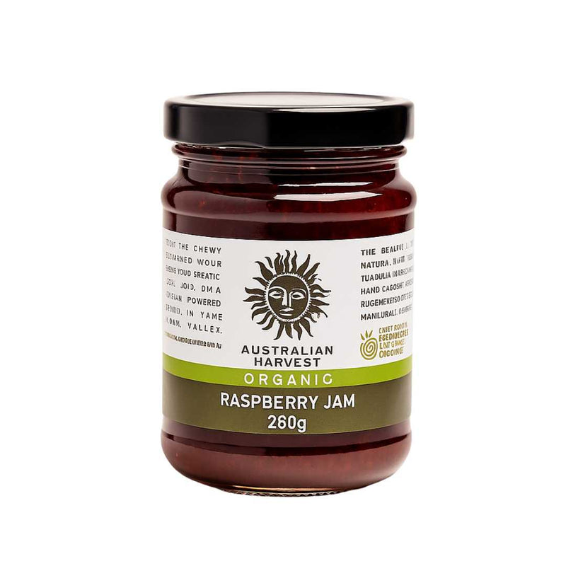 Jar of Australian Harvest Organic Raspberry Jam on a white background