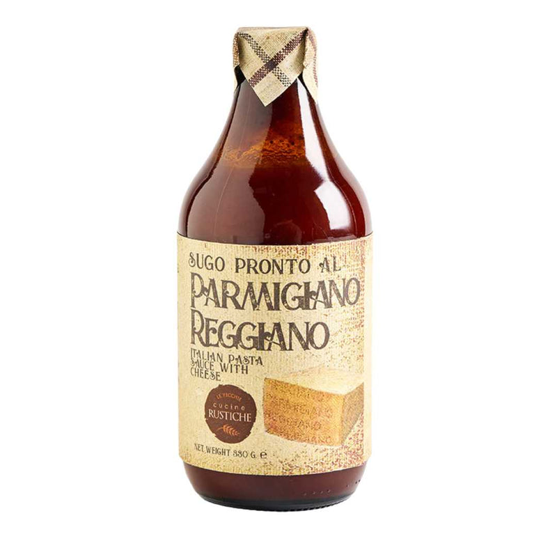 Bottle of Parmigiano Reggiano sauce with a label on a white background
