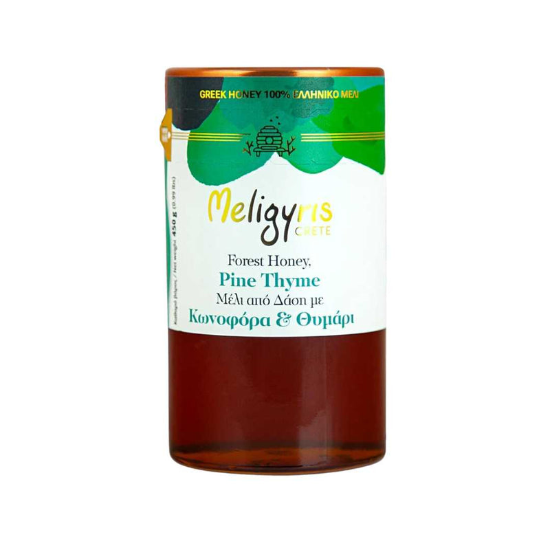 Jar of Meligyris Forest Honey with Pine Thyme on a white background
