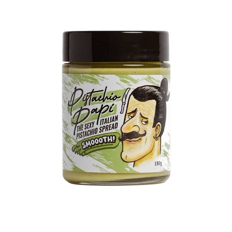 Jar of Pistachio Papi spread with a decorative label on a white background