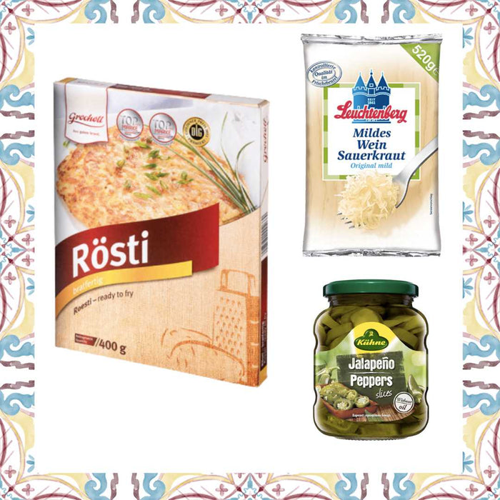 Rösti served with Sauerkraut and Pickled Jalapeños