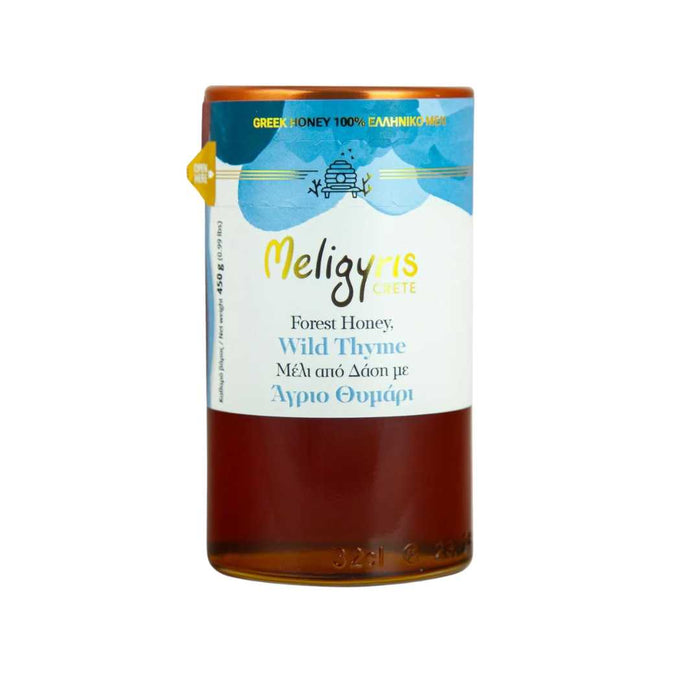 Honey bottle with a blue label featuring the brand 'Meligyris'.
