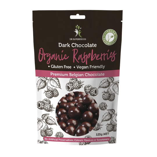 Raspberries coated in Vegan Dark Chocolate Dr Superfoods 125g